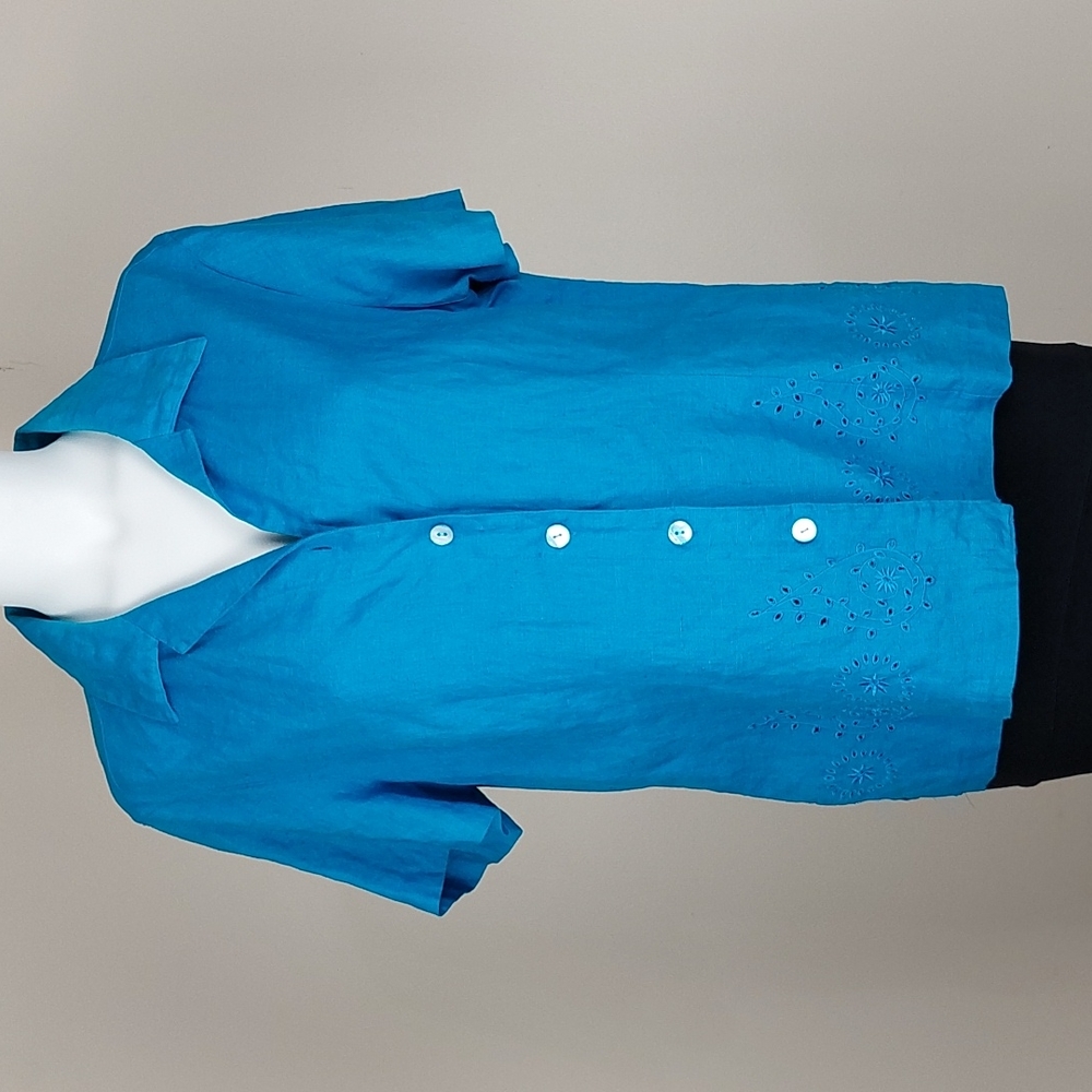 Vintage Linen Button Down Blouse in Teal Blue